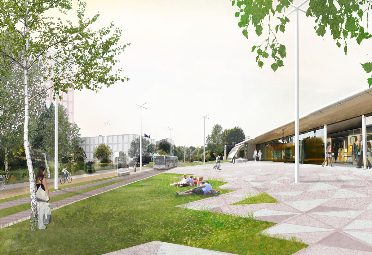 Demey: een gezellige esplanade aan de metro-uitgang, openbare en groene ruimten met plaats voor actieve modi